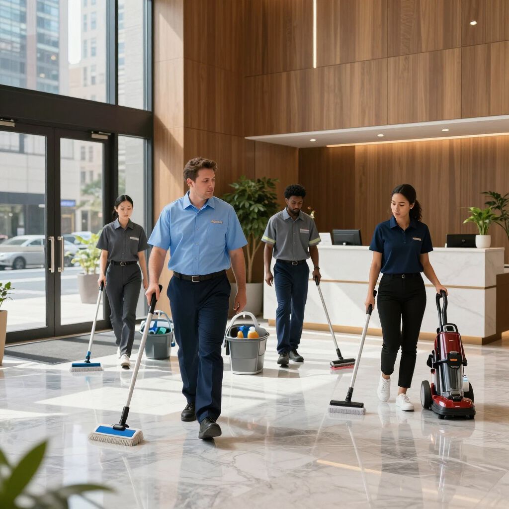 Cleaning staff in blue and grey uniforms cleaning a lobby with mops and a vacuum.