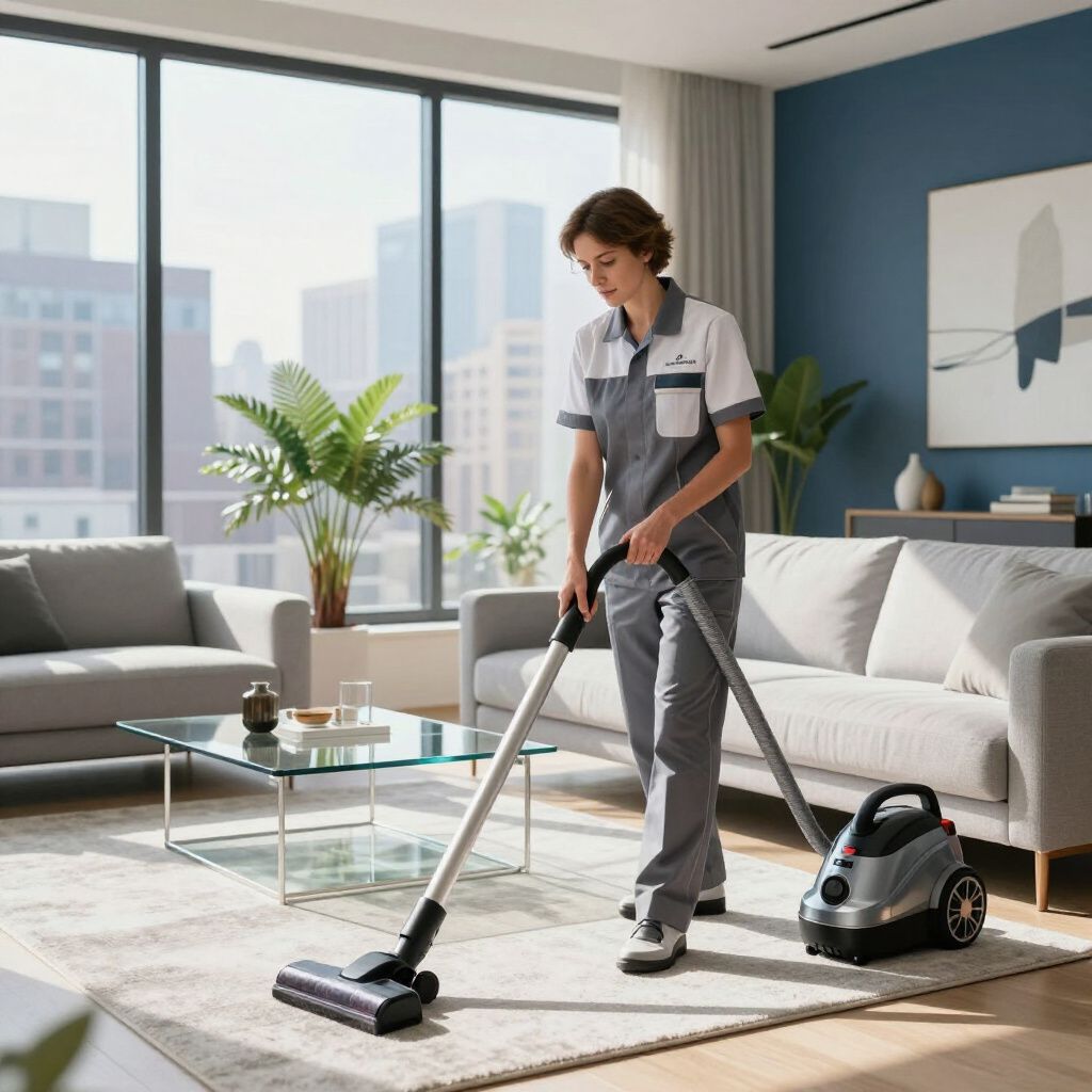 Person vacuuming carpet in a modern living room. Grey and white uniform, city view outside.