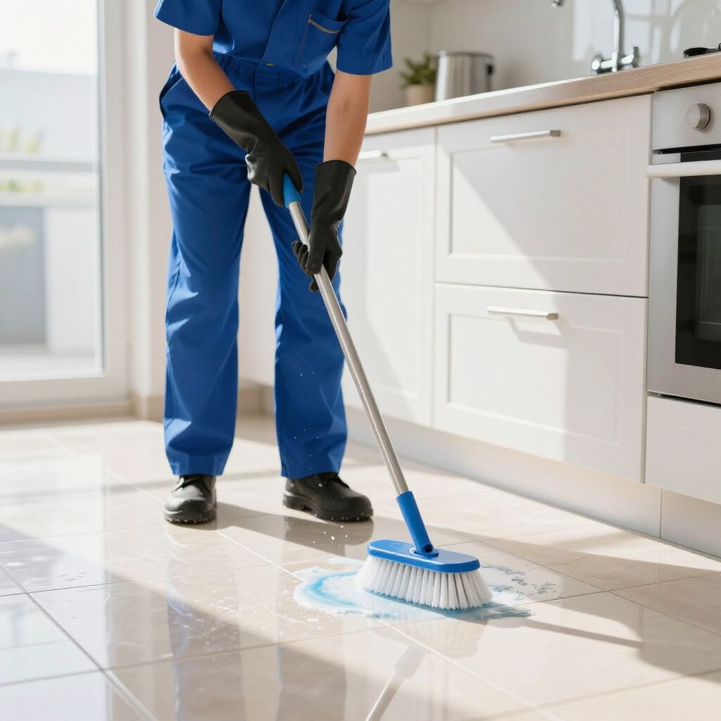 Person in blue uniform and gloves mopping a white-tiled kitchen floor.