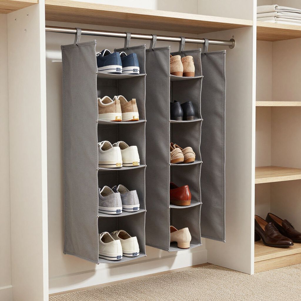 Closet with gray hanging shoe organizers filled with various shoes. Wooden shelves are visible.