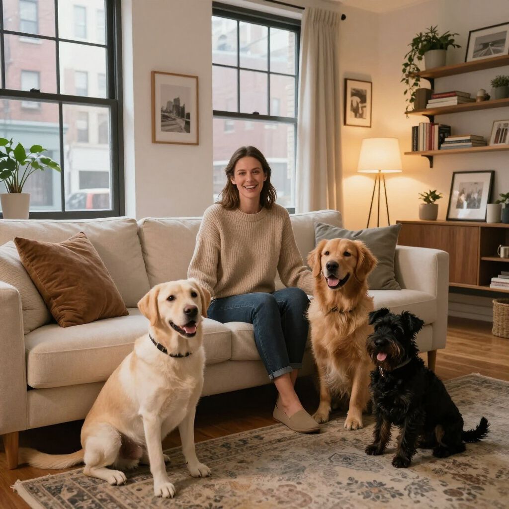 Woman sitting on a couch with three dogs in a living room; smiling.