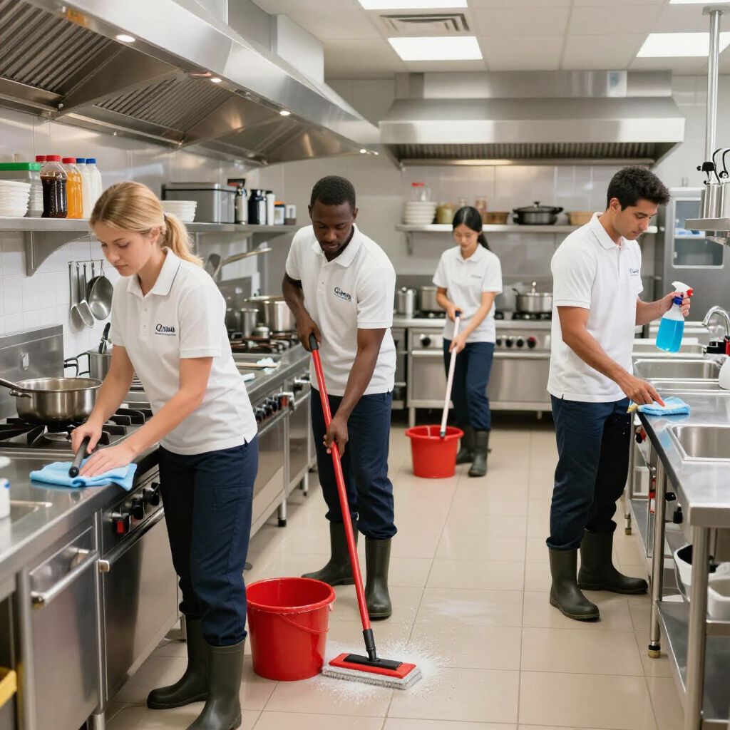 Four people cleaning a commercial kitchen. One wipes a counter, one mops, one wipes, one sprays.