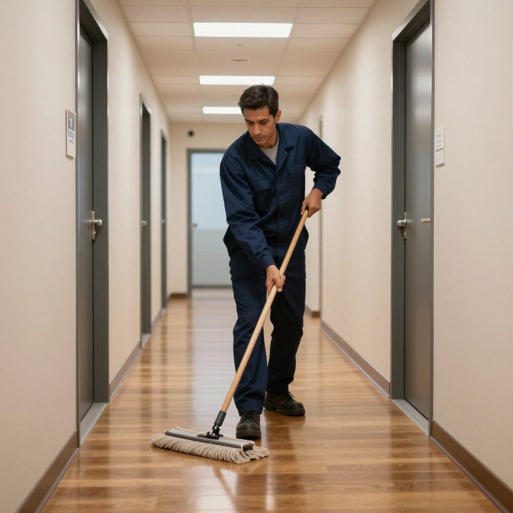 A person in blue jumpsuit mops a wooden hallway.