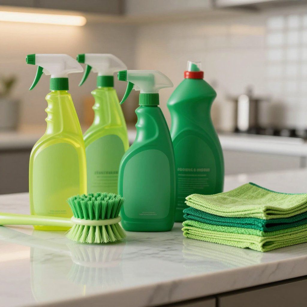 Cleaning supplies, including spray bottles, dish soap, brush, and cloths, on a kitchen countertop.