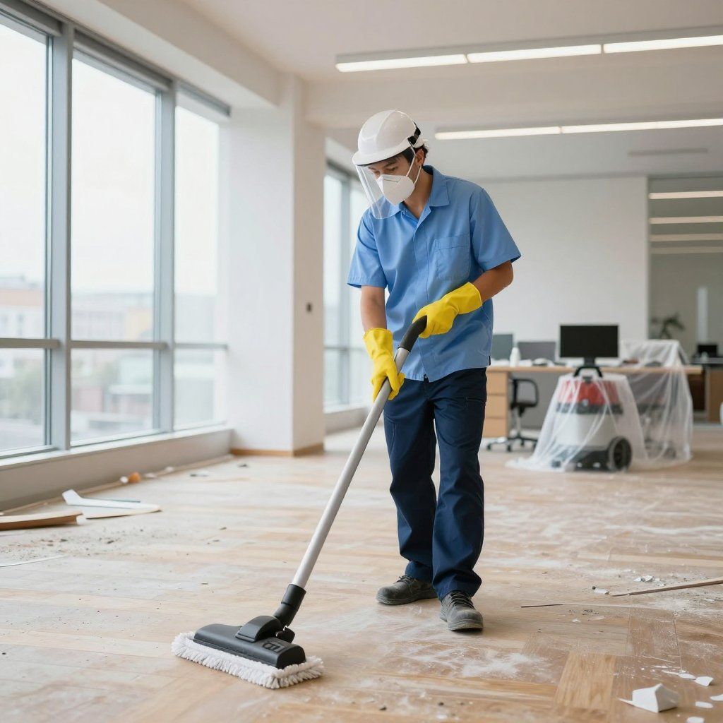 Person in protective gear mops a dusty, empty office with large windows.