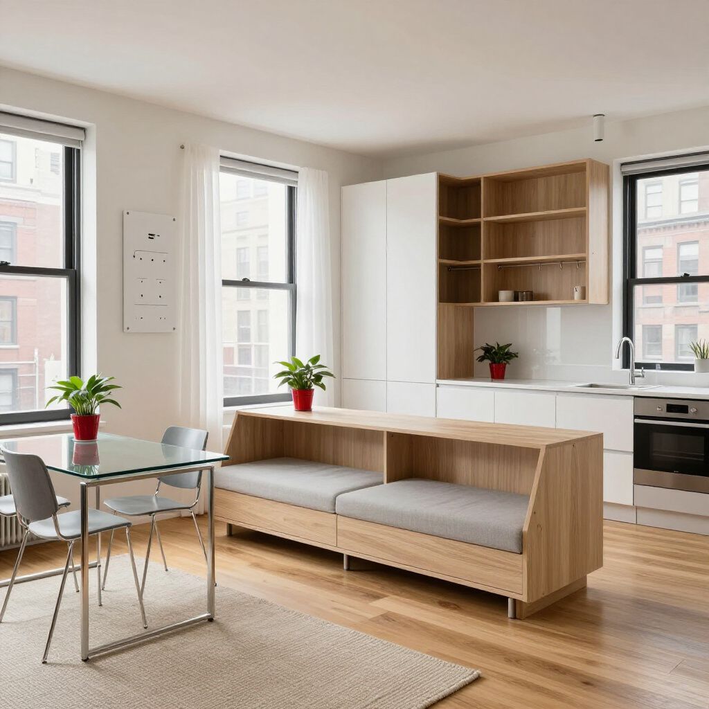 Modern kitchen with light wood accents, white cabinets, and a built-in bench.