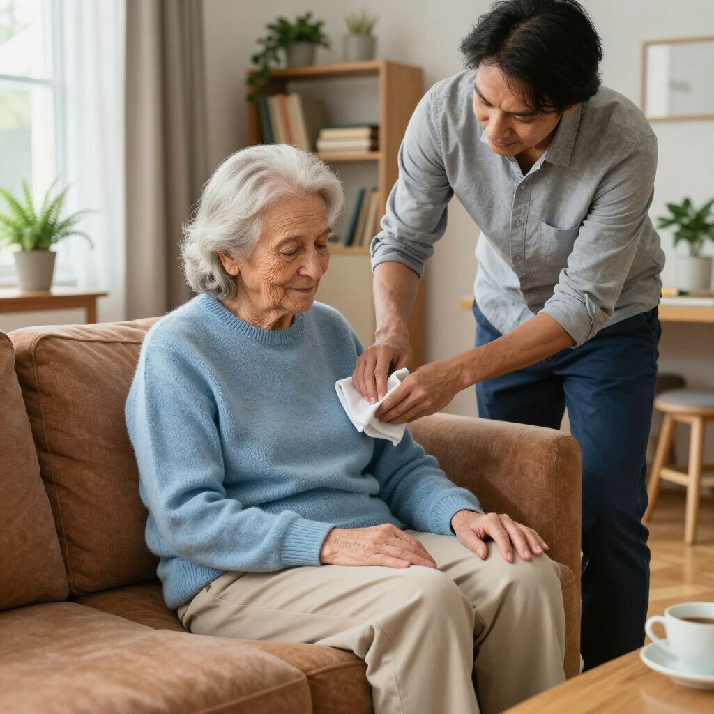 Man assisting older person seated on a sofa with a wipe, indoors.