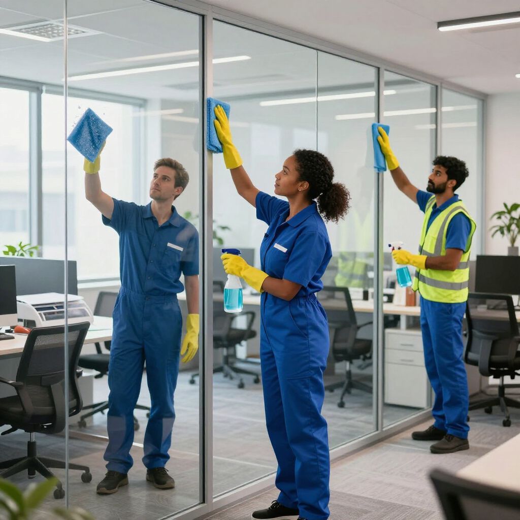 Three people cleaning glass office partitions with blue cloths and spray bottles.