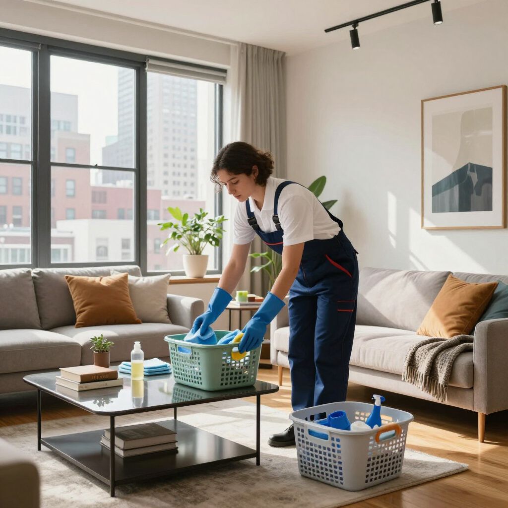 A person wearing blue gloves and overalls cleans a living room. Two baskets with cleaning supplies are on a table.