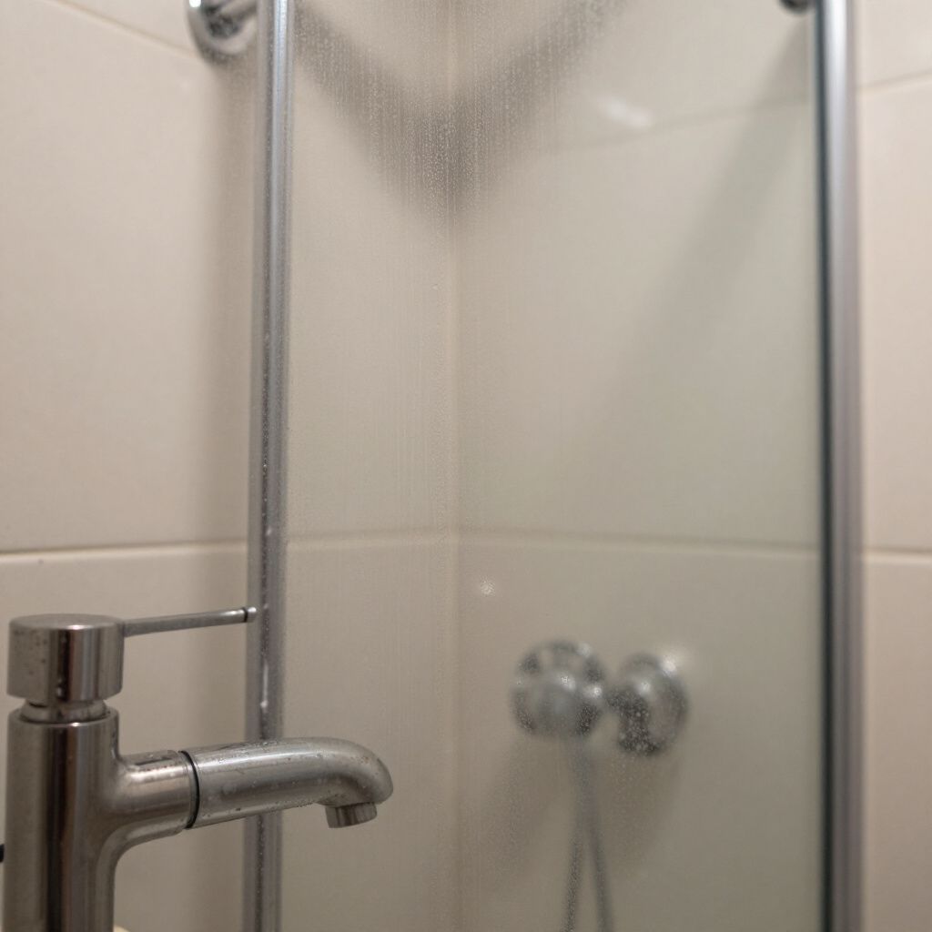 Chrome faucet and shower door in a bathroom setting.