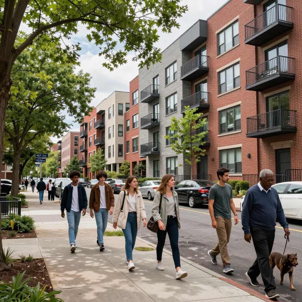 People walking on a sidewalk in front of apartment buildings. Cars parked on street. Trees line the sidewalk.