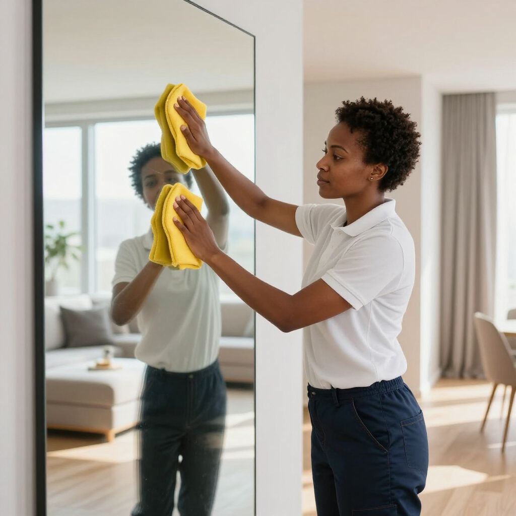 Woman cleaning a large mirror with a yellow cloth in a well-lit living room.