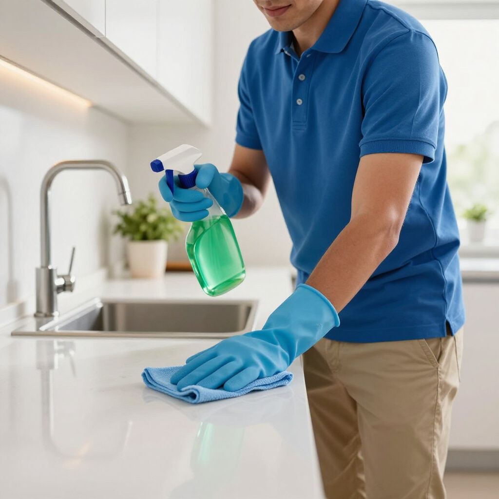 Person cleaning kitchen counter with spray bottle and cloth, wearing blue gloves.
