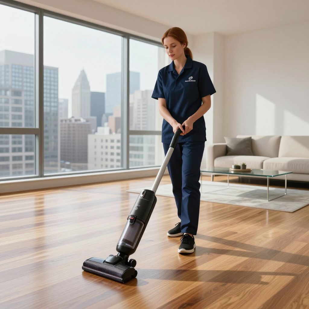 Woman in blue uniform vacuums a wooden floor in a modern apartment with a city view.