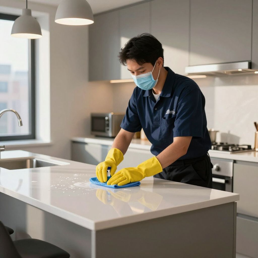 Person wearing a mask and gloves wiping a kitchen countertop.