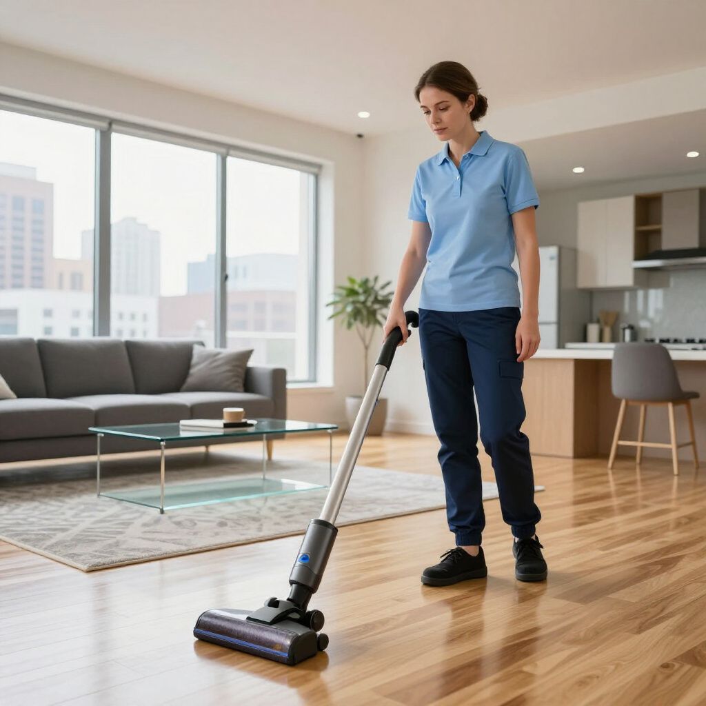 Woman vacuums hardwood floor in a modern living room.