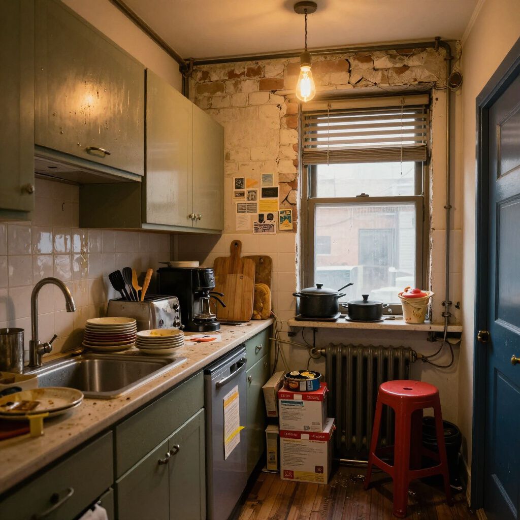 A small kitchen with green cabinets, a sink with dishes, and a window with a view.
