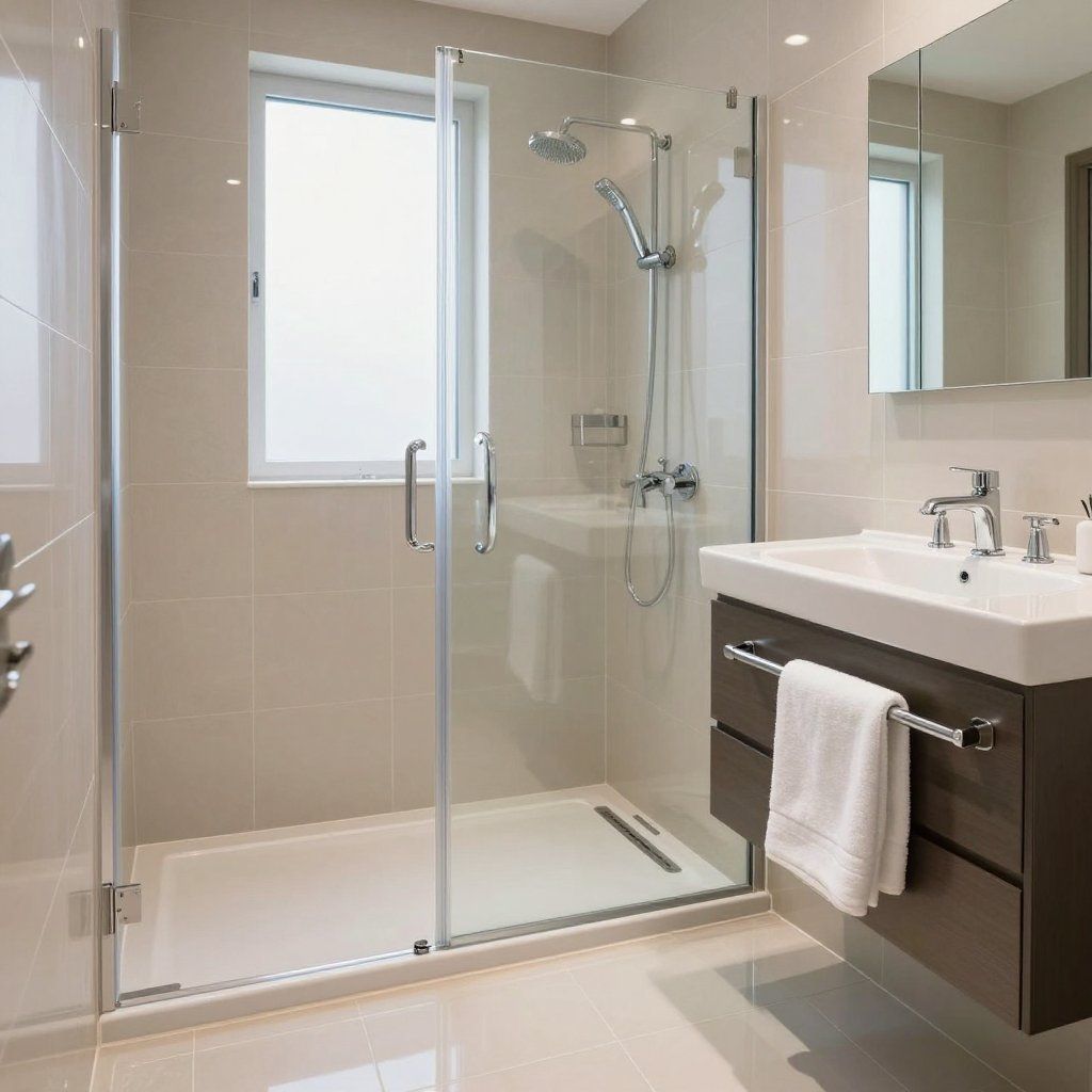 Modern bathroom with glass shower, sink, window, and brown vanity. Beige tile walls and floor.