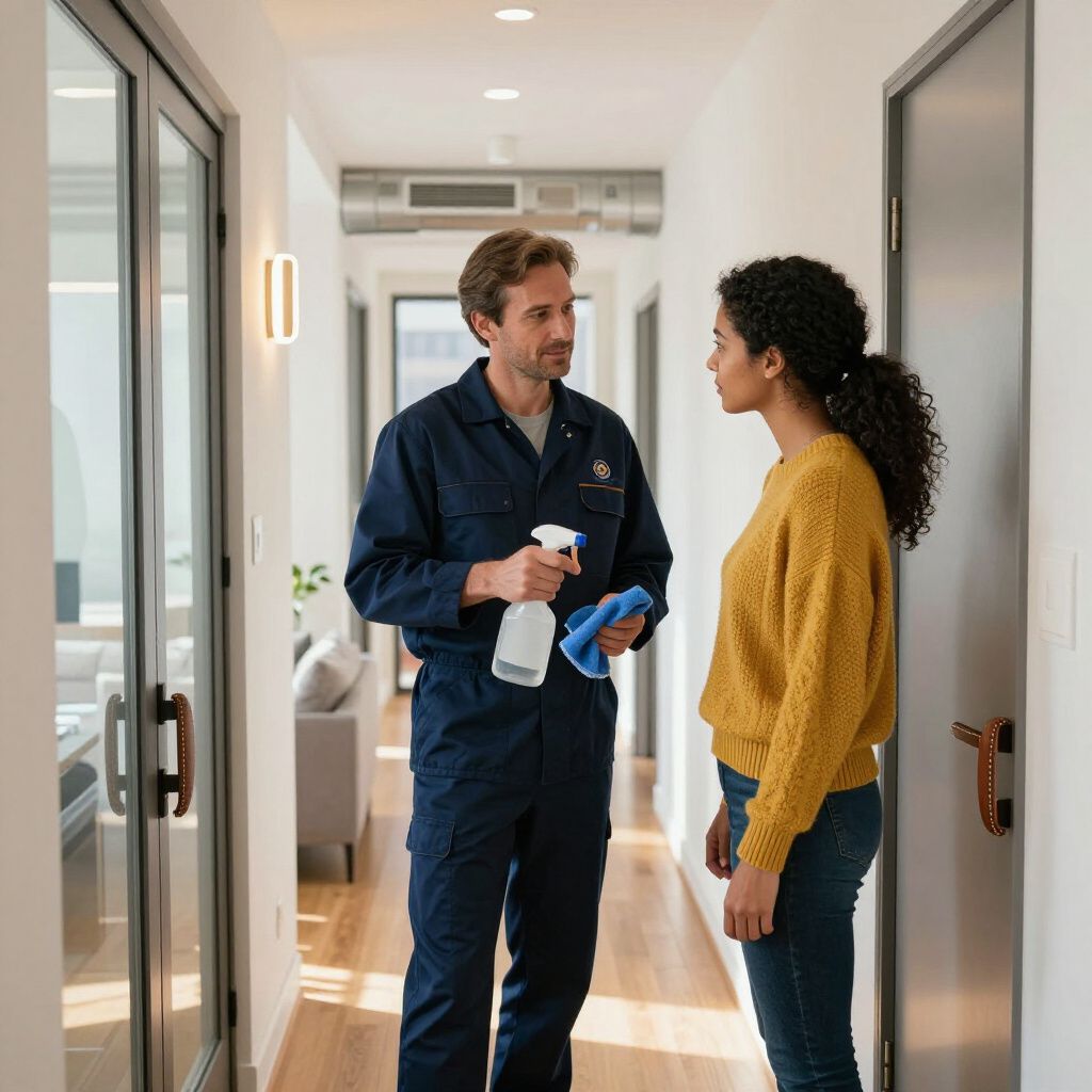 Man in blue work suit and woman in yellow sweater talking in hallway; man holds spray bottle.