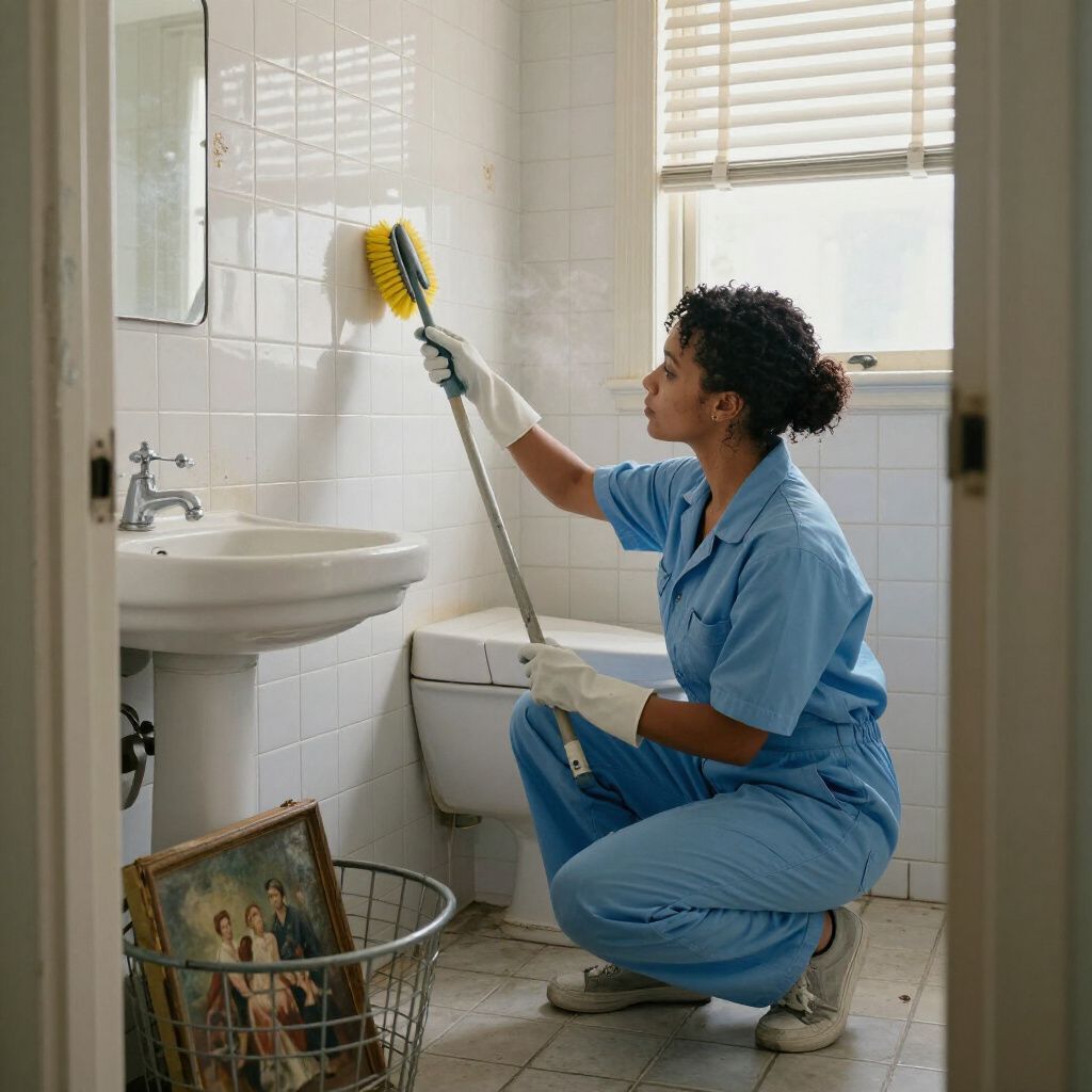 Person in blue cleaning bathroom with brush; near sink, toilet, and window.