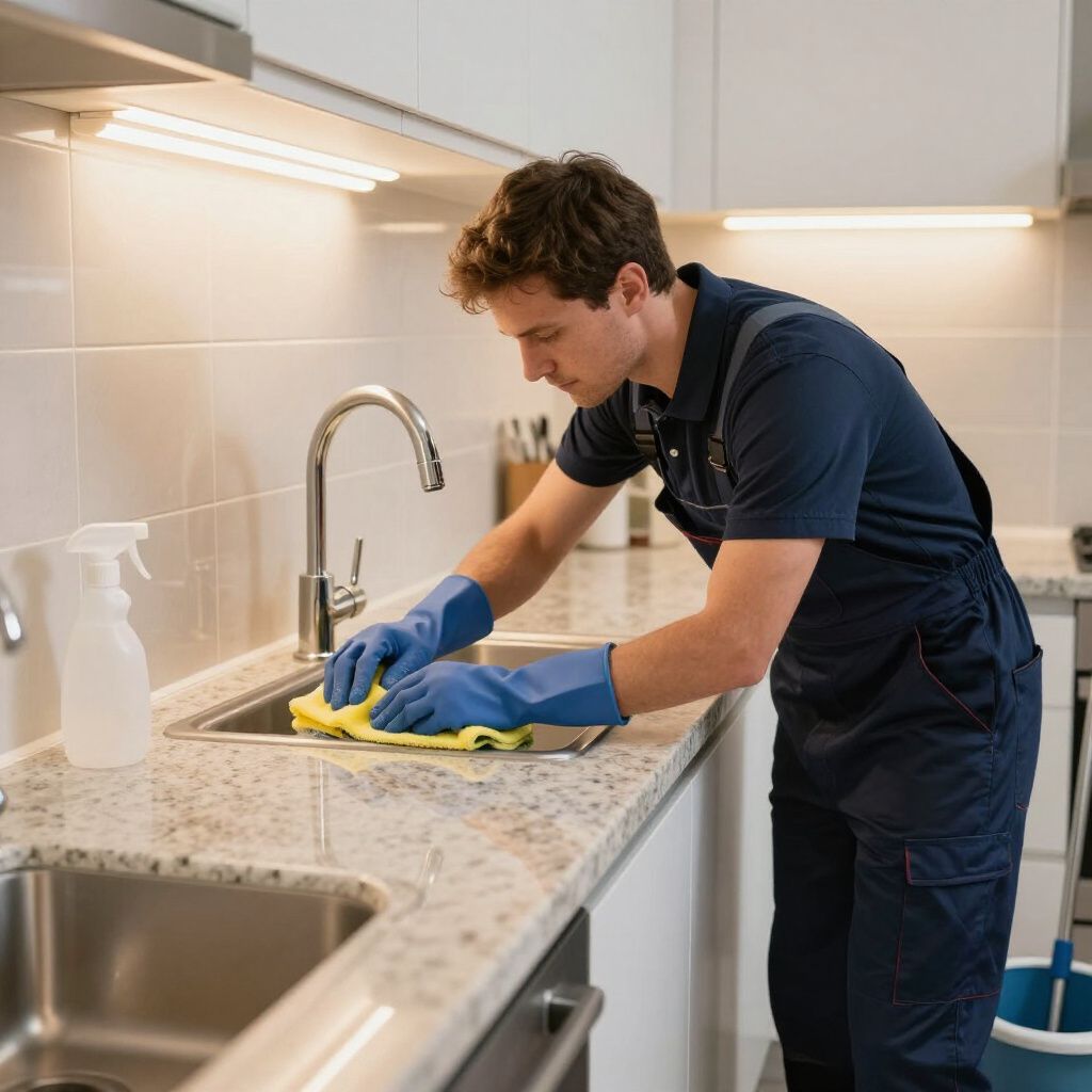 Person in work clothes cleans a kitchen sink with a sponge and spray bottle.