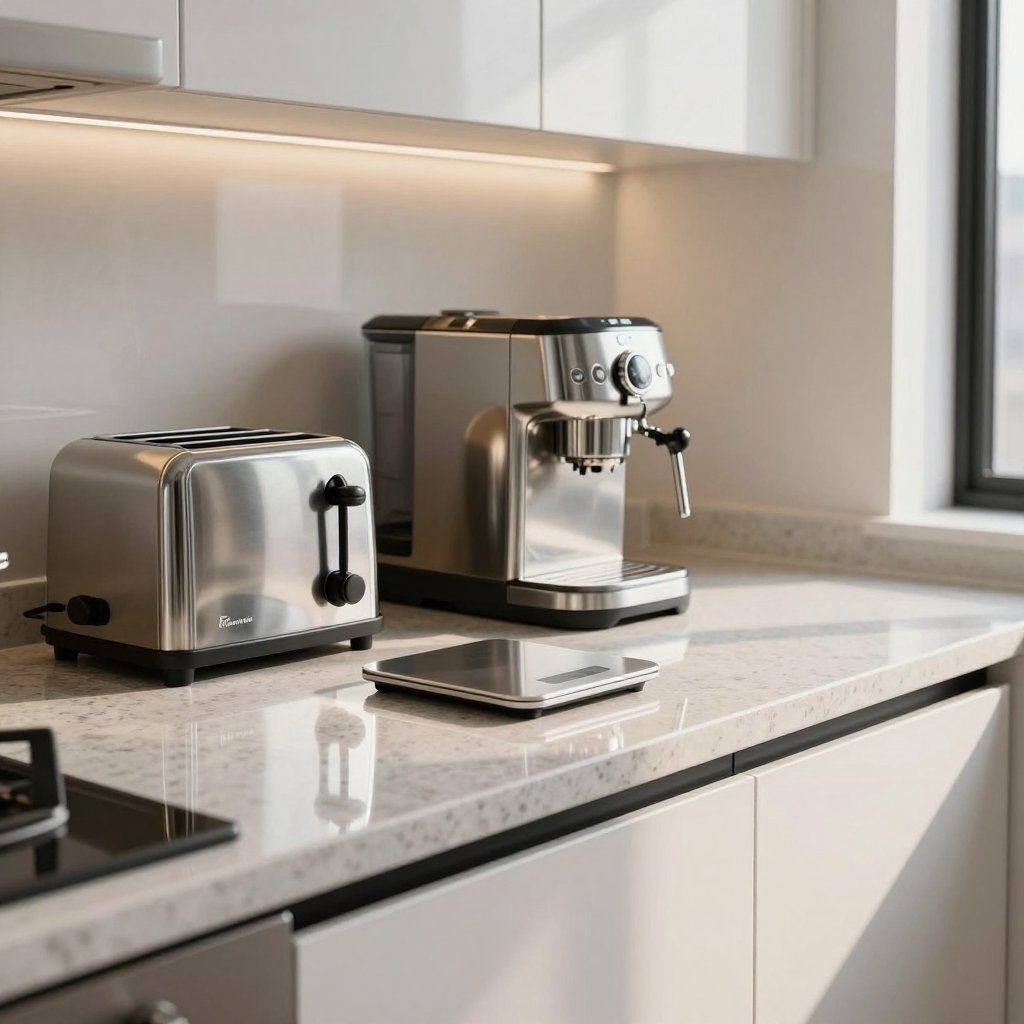 Silver toaster, espresso machine, and digital scale on a white countertop in a modern kitchen.
