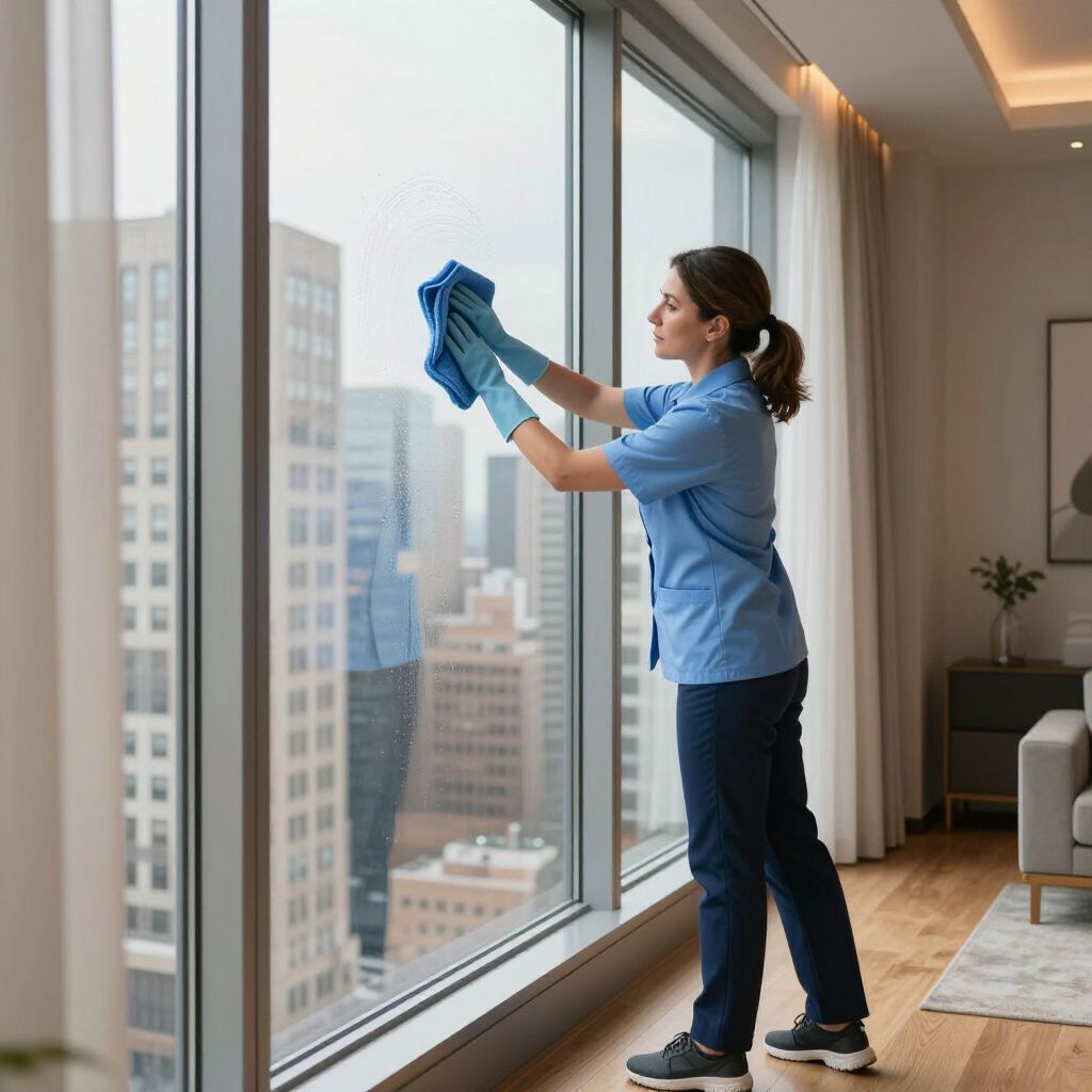 Woman in blue uniform cleaning a large window with blue microfiber cloth, city backdrop visible.