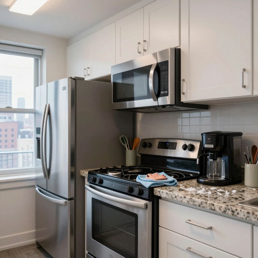 Stainless steel kitchen with fridge, stove, microwave, coffee maker, and white cabinets. Window in the background.