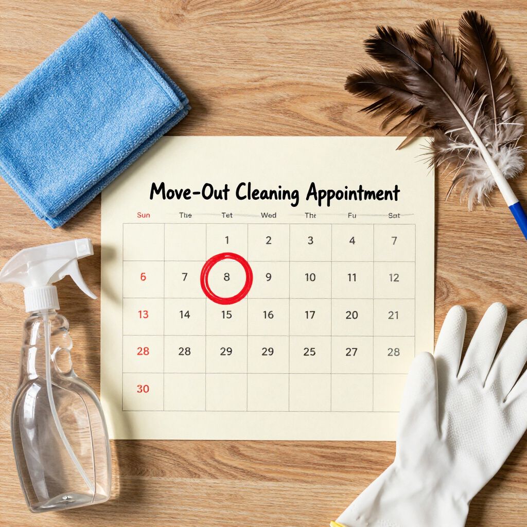Wooden desk with cleaning supplies, a calendar marked on the 8th for a move-out cleaning appointment.