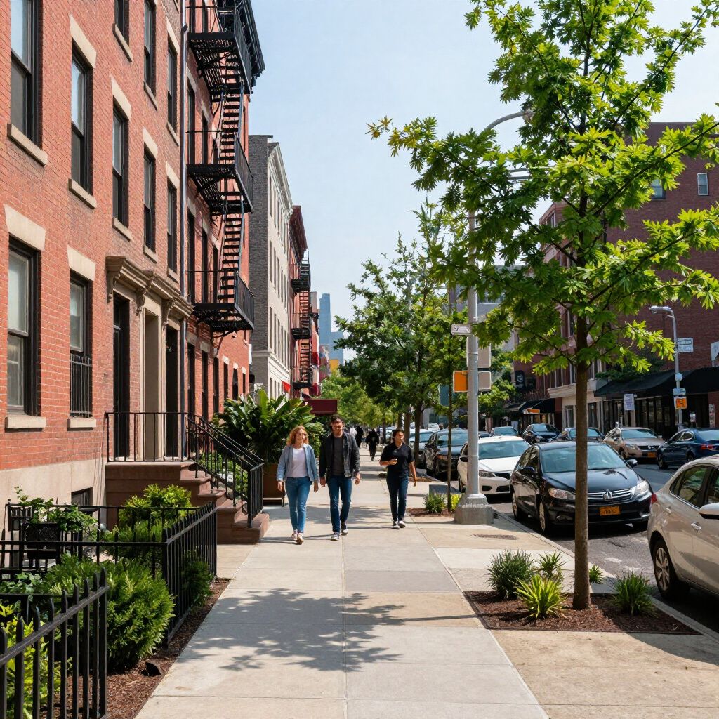 A street with brick buildings, people walking on the sidewalk, trees, and parked cars.