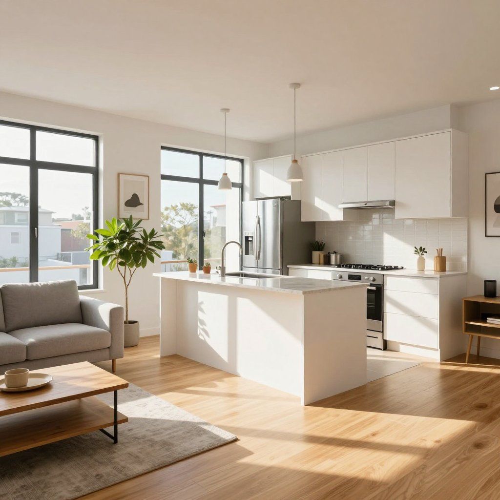 Modern kitchen and living space with natural light, hardwood floors, and white cabinetry.