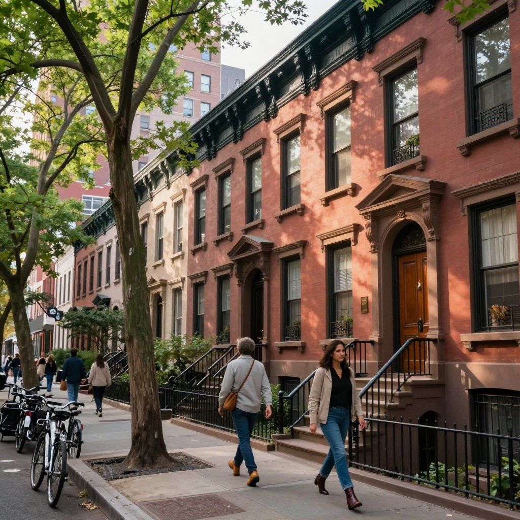Row of brick townhouses on a city street, with people walking on the sidewalk and bicycles parked.