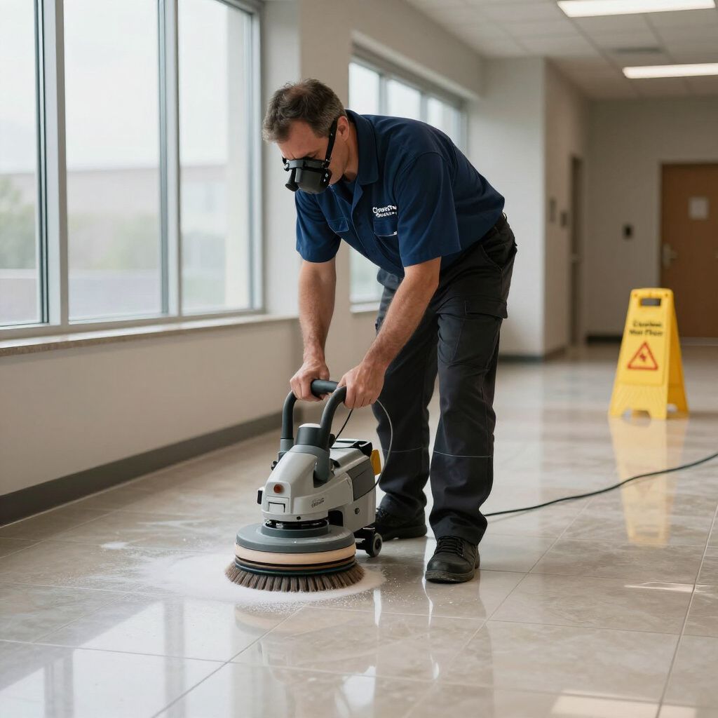 Man wearing mask operates floor buffer in a hallway, near a caution sign.