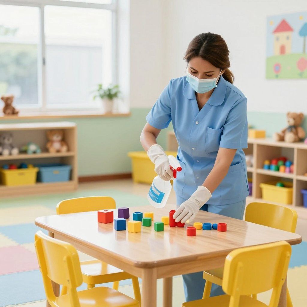 Woman in scrubs and mask disinfecting toys in a brightly lit preschool classroom.