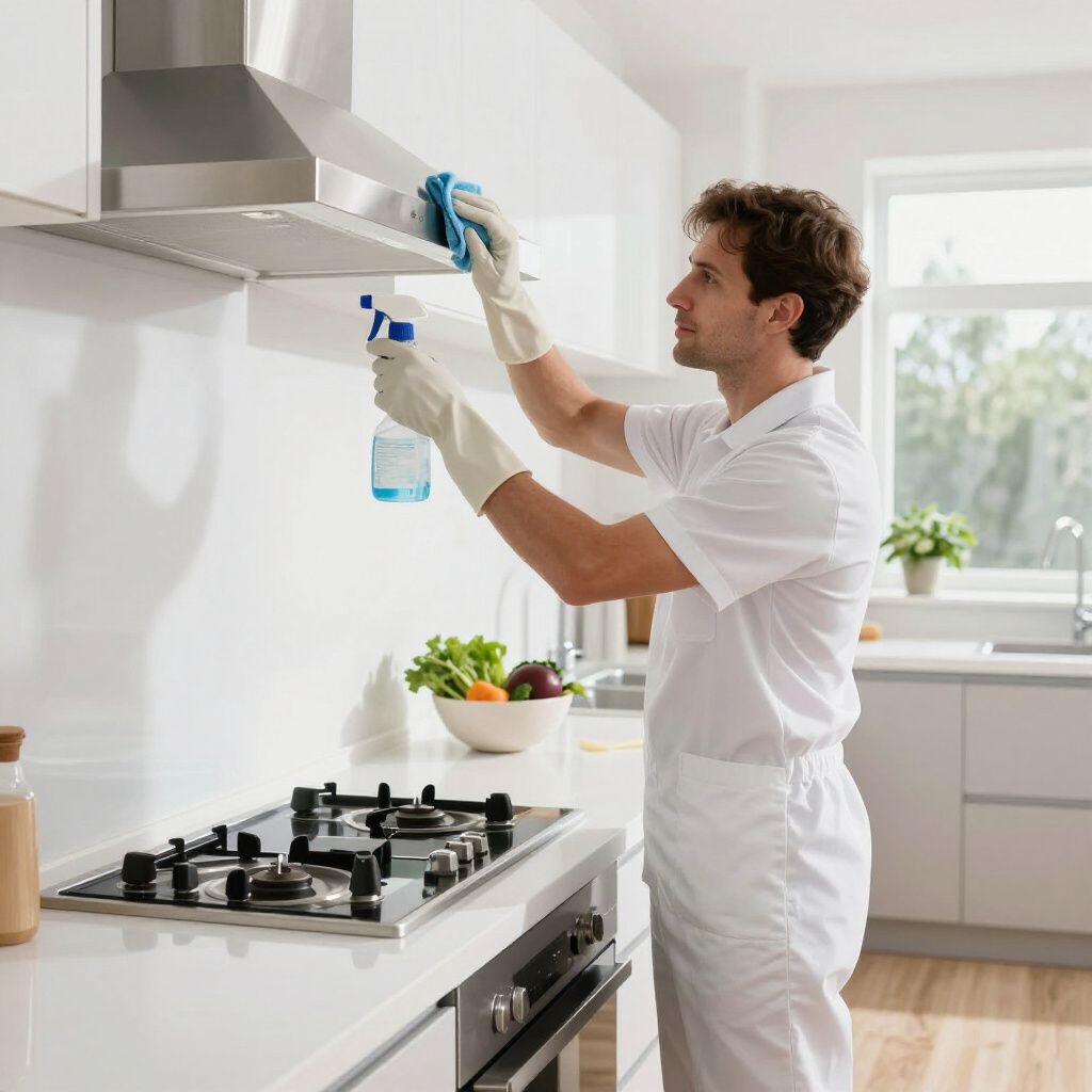 A person wearing gloves sprays and wipes a kitchen range hood.