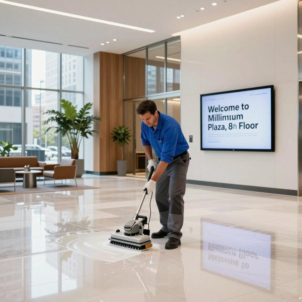 Man cleaning a shiny marble floor in a building lobby using an industrial floor scrubber machine.