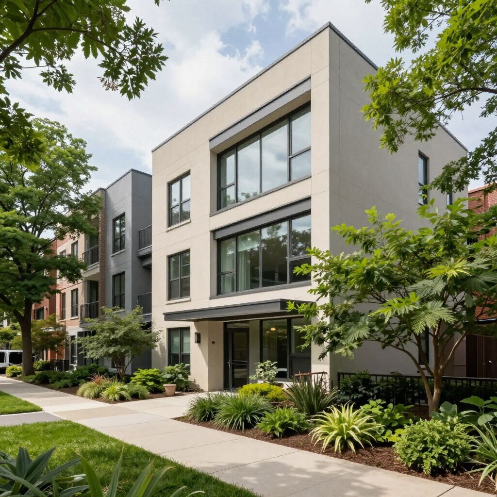 Modern three-story townhouses with large windows and lush landscaping along a sidewalk.