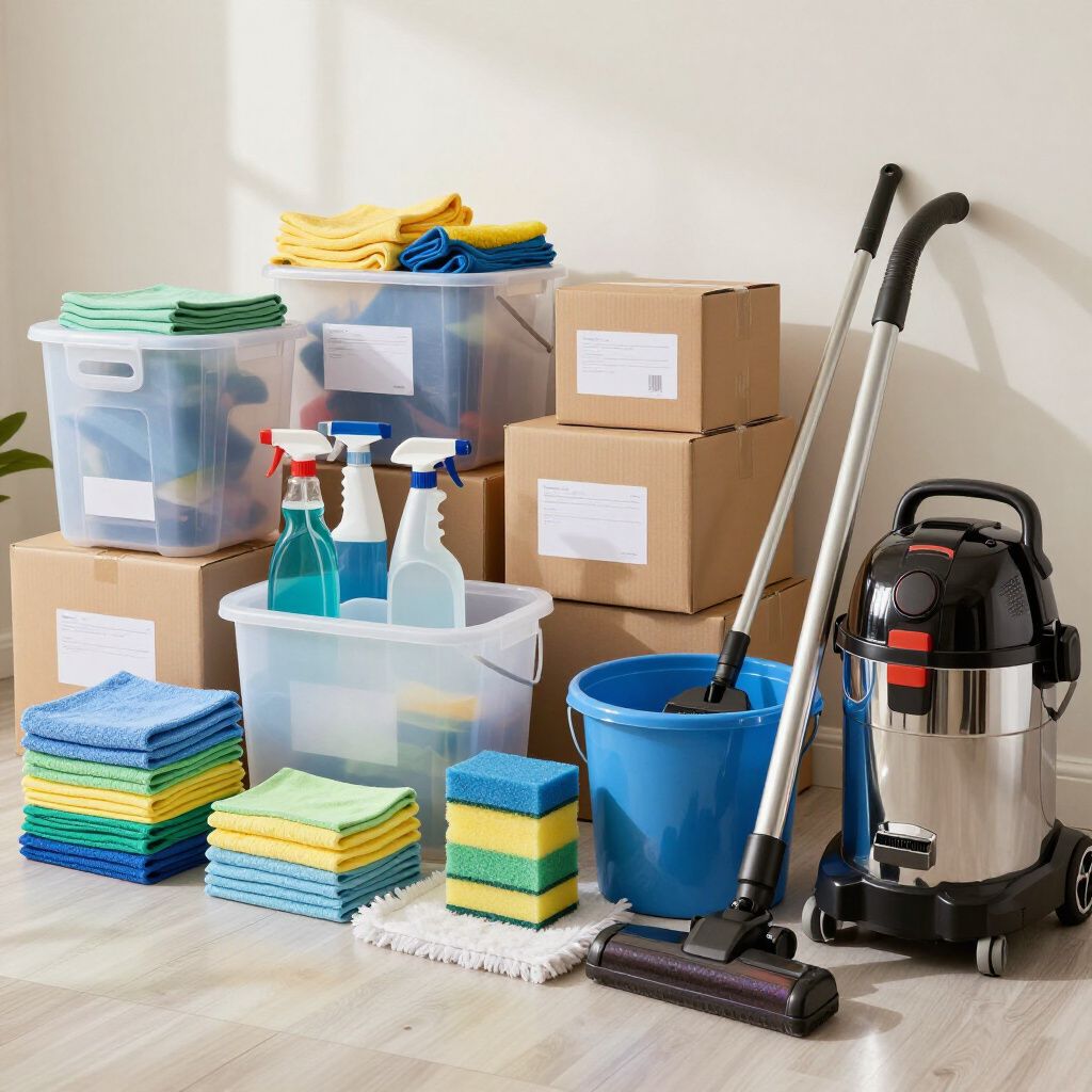 Cleaning supplies: buckets, boxes, spray bottles, cloths, sponge, vacuum, and mop against a wall.