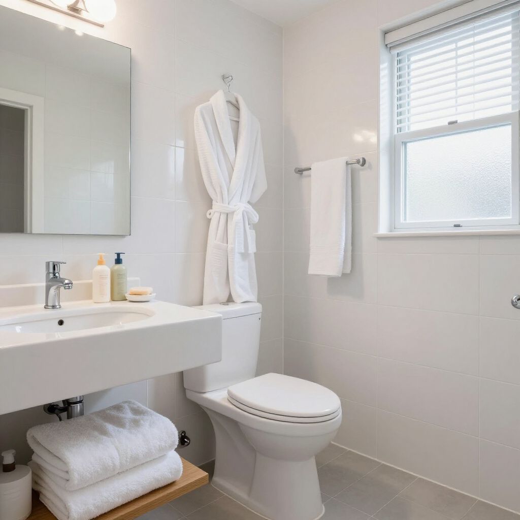White bathroom with sink, toilet, window, robe, and towels.