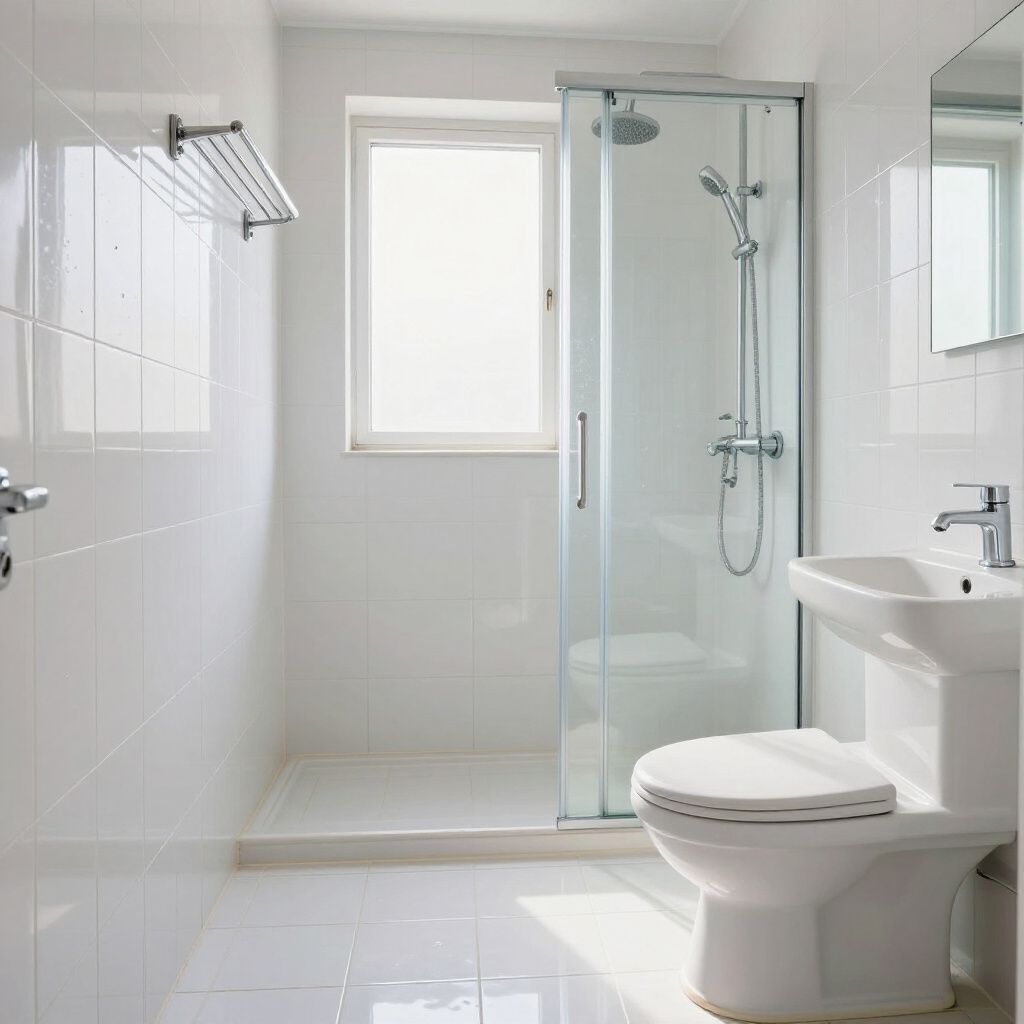 White bathroom with shower, toilet, sink, window, and towel rack.