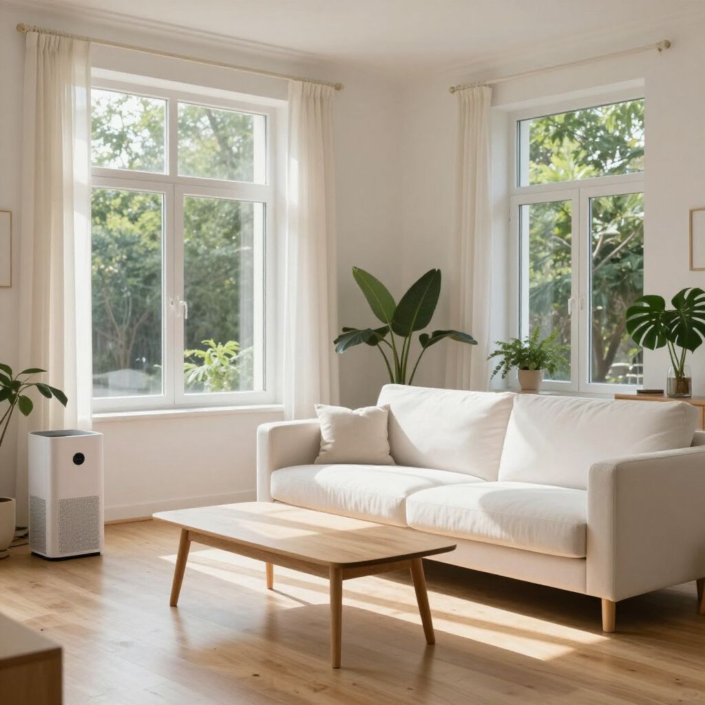 Bright living room with white sofa, wooden coffee table, plants, and large windows.