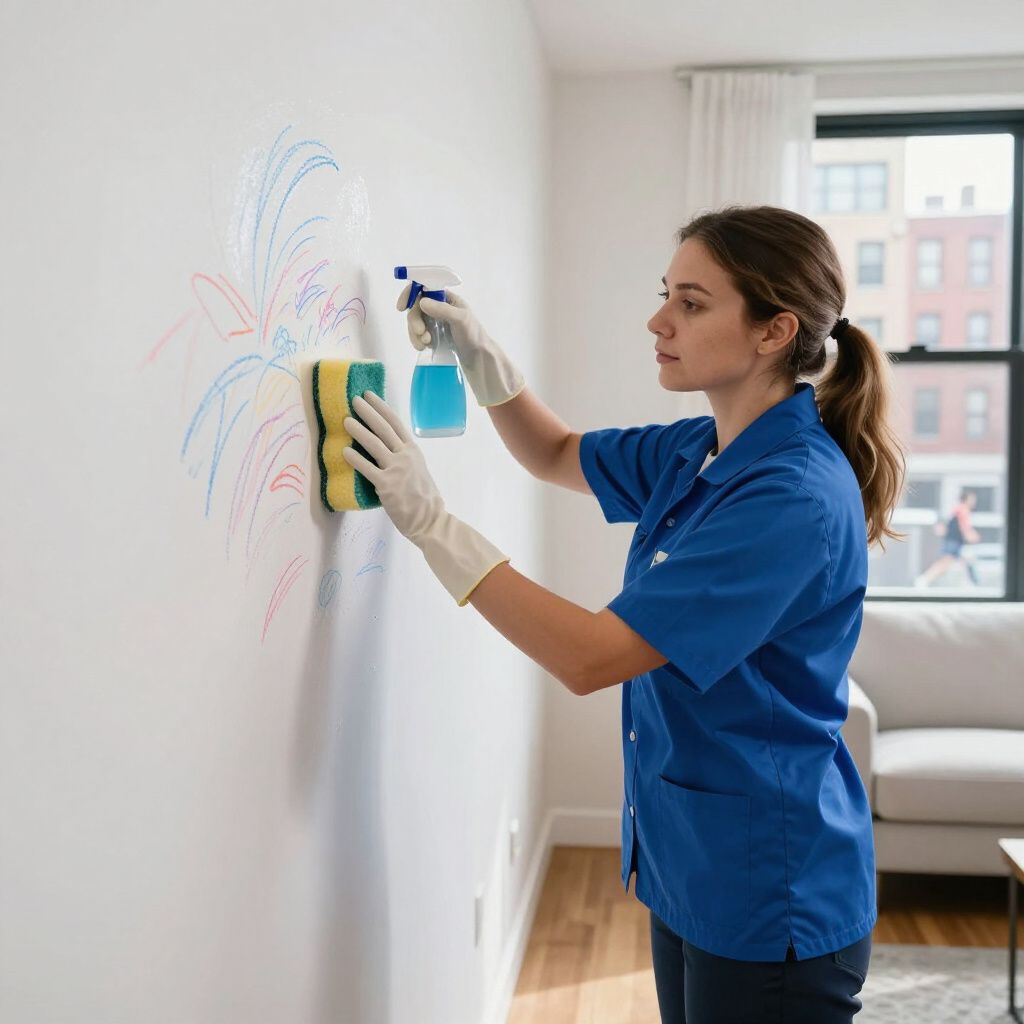 Woman in gloves sprays cleaning solution on a white wall, wiping with a sponge in a room.