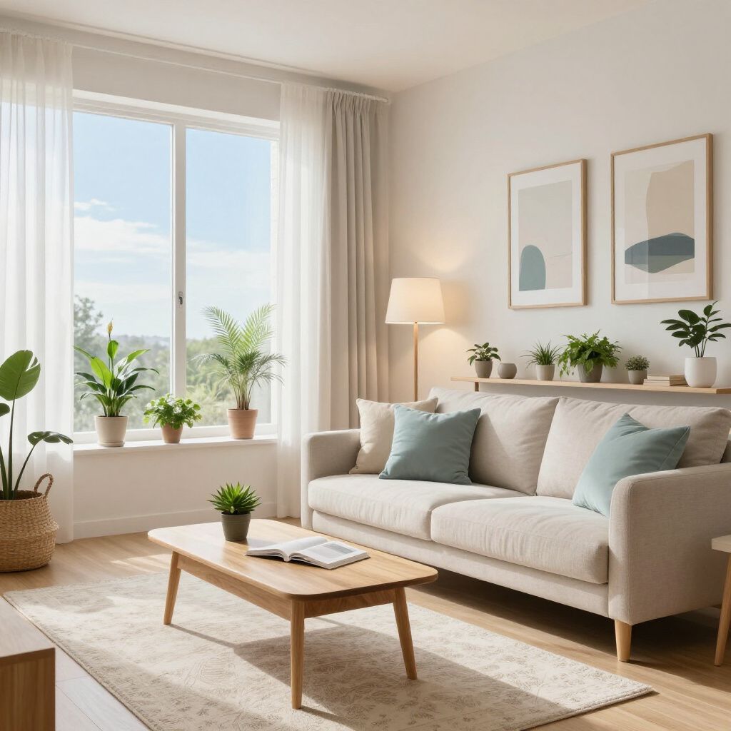 Living room with a beige sofa, wooden coffee table, plants, large window, and light-colored rug.