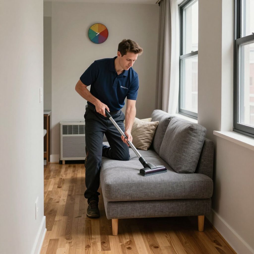 Man vacuums a gray couch in a living room with wood flooring, windows, and a color wheel on the wall.