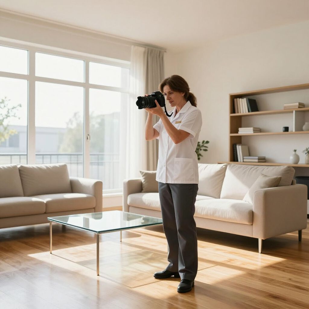 Person photographing an interior: living room with sofa, coffee table, and large window.