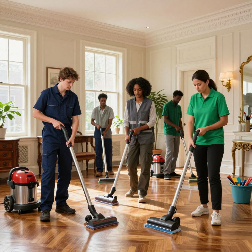 People cleaning a room with vacuum cleaners. Polished wood floors, bright windows, and cleaning supplies.