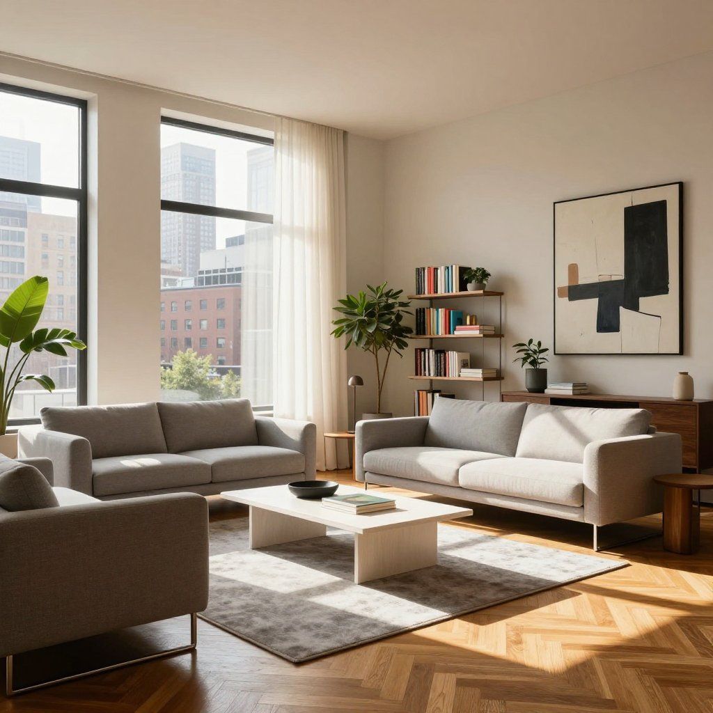 Living room with neutral furniture, large windows, and city view.