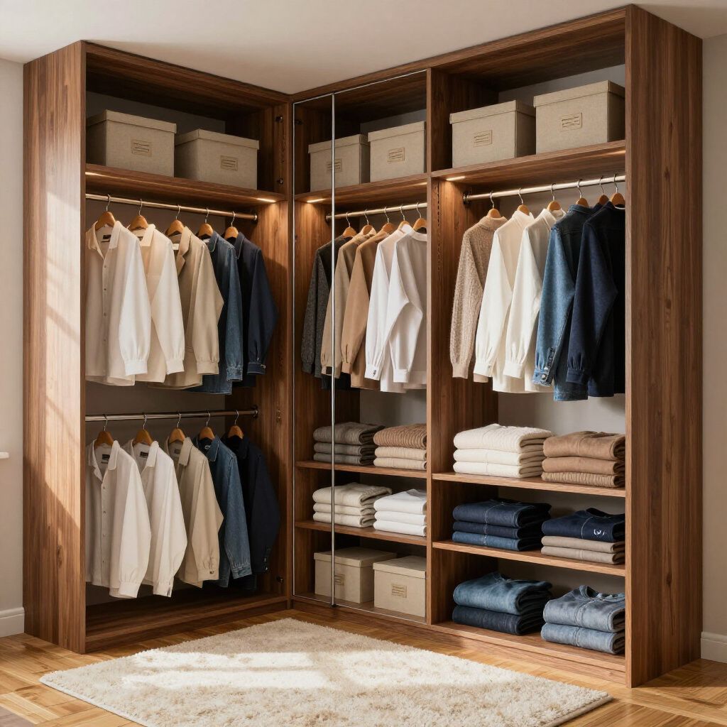 Corner closet with hanging clothes, folded items, and storage boxes. Brown wood finish.