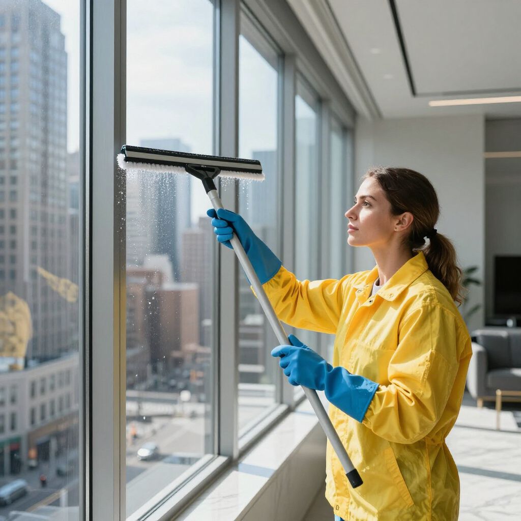 Person in a yellow jacket and blue gloves cleaning a large window with a squeegee in an office setting.