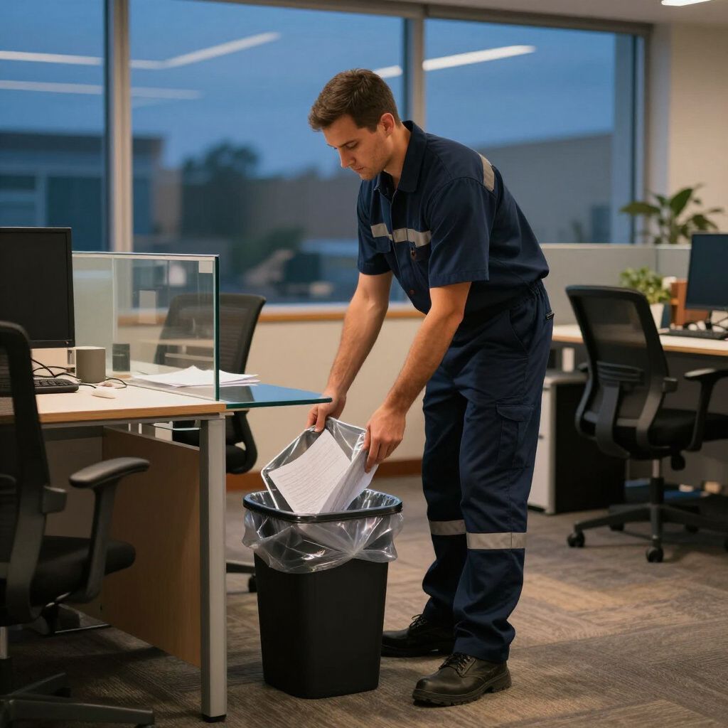 Man in work uniform putting papers in a waste bin in an office setting.
